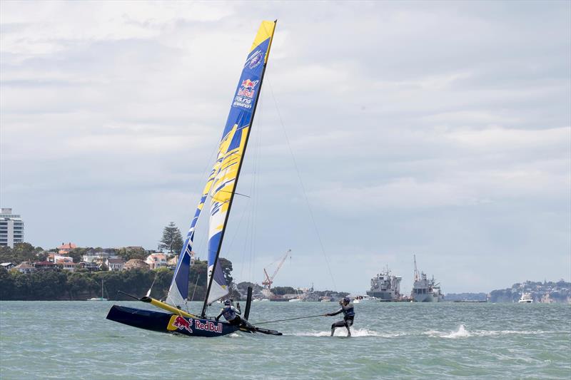 Young Sailors perform during Red Bull Foiling Generation on the Waitemata Harbour in Auckland, New Zealand on February 22, photo copyright Graeme Murray taken at Royal New Zealand Yacht Squadron and featuring the Flying Phantom class