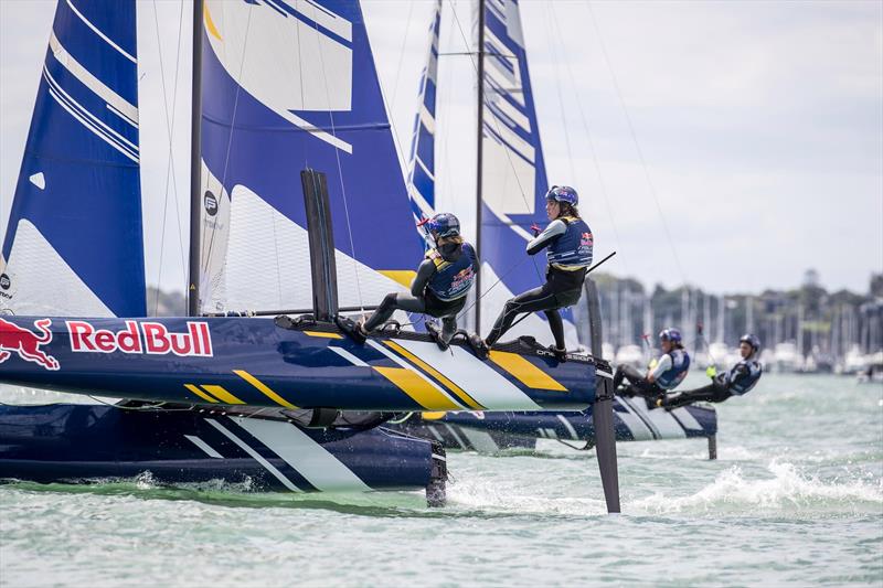 Young Sailors perform during Red Bull Foiling Generation on the Waitemata Harbour in Auckland, New Zealand on February 22, photo copyright Graeme Murray taken at Royal New Zealand Yacht Squadron and featuring the Flying Phantom class