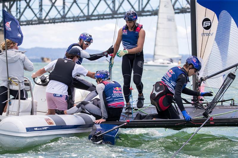 Young Sailors perform during Red Bull Foiling Generation on the Waitemata Harbour in Auckland, New Zealand on February 22, photo copyright Graeme Murray taken at Royal New Zealand Yacht Squadron and featuring the Flying Phantom class