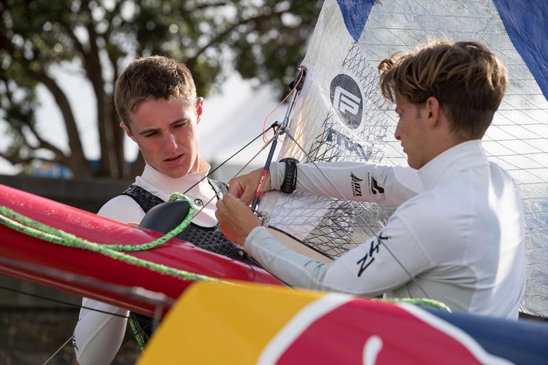 Young Sailors perform during Red Bull Foiling Generation on the Waitemata Harbour in Auckland, New Zealand on February 22, photo copyright Graeme Murray taken at Royal New Zealand Yacht Squadron and featuring the Flying Phantom class