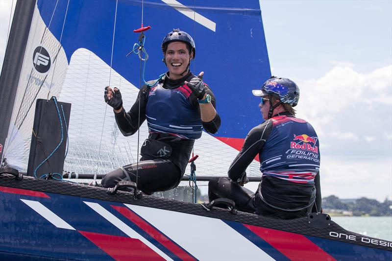 Young Sailors perform during Red Bull Foiling Generation on the Waitemata Harbour in Auckland, New Zealand on February 22, photo copyright Graeme Murray taken at Royal New Zealand Yacht Squadron and featuring the Flying Phantom class