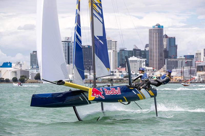 Young Sailors perform during Red Bull Foiling Generation on the Waitemata Harbour in Auckland, New Zealand on February 22, photo copyright Graeme Murray taken at Royal New Zealand Yacht Squadron and featuring the Flying Phantom class