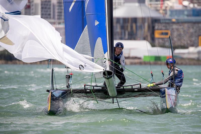 Young Sailors perform during Red Bull Foiling Generation on the Waitemata Harbour in Auckland, New Zealand on February 22, photo copyright Graeme Murray taken at Royal New Zealand Yacht Squadron and featuring the Flying Phantom class