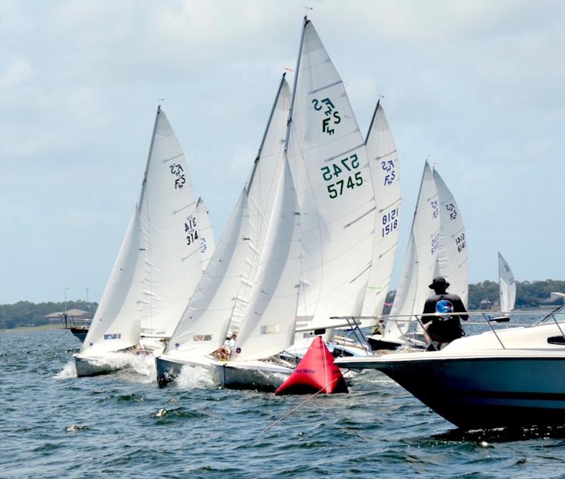 Van Rogers (Birmingham AL) in GYA 314 get's his bow out front in the middle of the line at the start of the second race in the Pensacola YC's Flying Scot North American Championship Qualifying Race #2 photo copyright Talbot Wilson taken at Pensacola Yacht Club and featuring the Flying Scot class