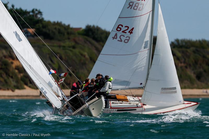 Folkboats battle along the Solent's Meon shoreline - 10th Hamble Classics Regatta photo copyright Paul Wyeth / www.pwpictures.com taken at Hamble River Sailing Club and featuring the Folkboat class