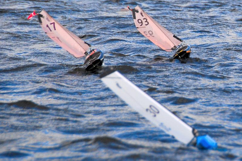 The 3 podium finishers, at the front of the fleet making good progress into the waves - Footy National Championship at Frensham - photo © Roger Stollery