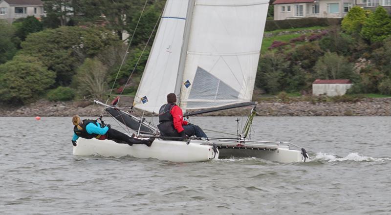 Nicola McColm, butler of the Solway YC virtual stand, at full stretch on Dad Scott's Formula 18 catamaran - photo © John Sproat