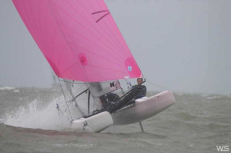 Rupert & Freddie White screaming downwind in an F18 on their way to victory in the Gold Medal Trophy race at Pyefleet Week photo copyright William Stacey taken at Brightlingsea Sailing Club and featuring the Formula 18 class