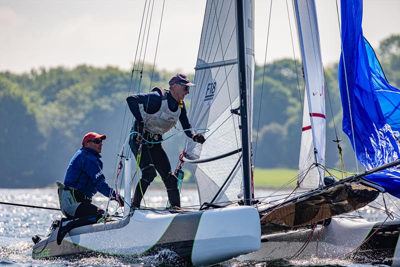 Tim Neal helmed his Edge F18 to the class podium in some close fought action during the Rutland Cat Open 2024 - photo © Gordon Upton / www.guppypix.com
