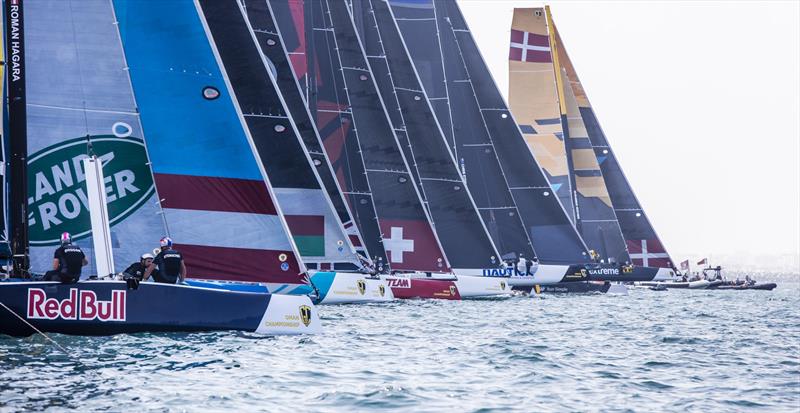 Final day of the GC32 Class Championship in Oman had upwind rather than reaching starts photo copyright Jesús Renedo / GC32 Championship Oman 2017 taken at Oman Sail and featuring the GC32 class
