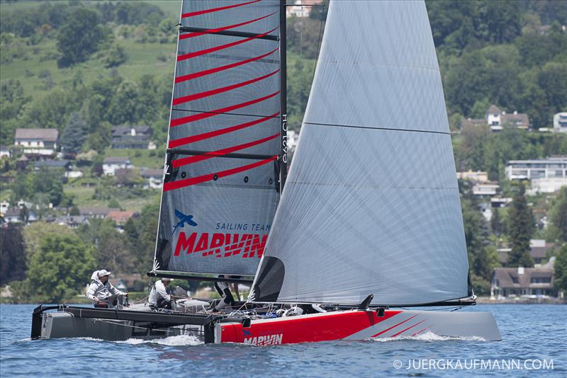 MARWIN Sailing Team takes line honours in the Zurich to Rapperswil race after being christened by former Miss Switzerland Jenny Ann Gerber photo copyright Juerg Kaufmann / www.juergkjaufmann;.com taken at Zürcher Segel Club and featuring the GC32 class