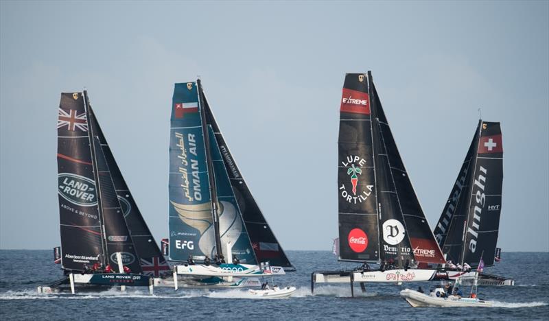 Race team 'Lupe Tortilla Demetrio' shown her in action with Oman Air and Land Rover BAR Academy during the Extreme Sailing Series on December 2, 2017 in Isla San Jose, Mexico photo copyright Lloyd Images taken at  and featuring the GC32 class