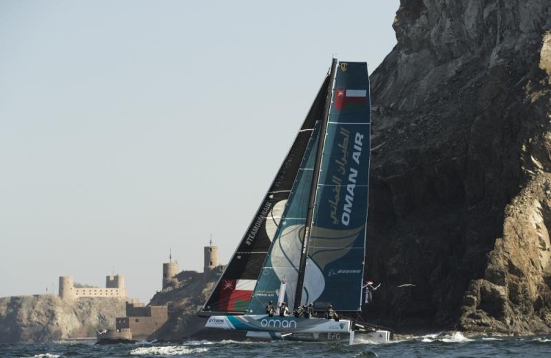 Extreme Sailing Series 2017. Muscat. Oman. The fleet racing close to the shore and historic town of Mutrah - photo © Lloyd Images