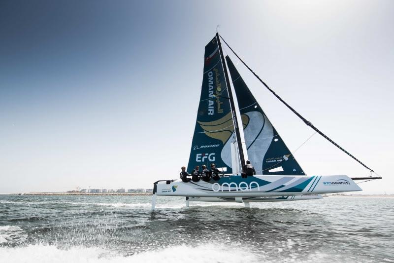 Extreme sailing Series . The Oman Air race team in action during training prior to racing photo copyright Lloyd Images taken at Oman Sail and featuring the GC32 class