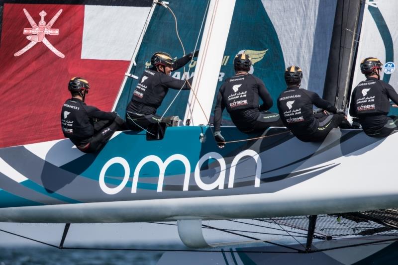 Extreme Sailing Series day 2 of racing close to the shore and city of Muscat, Oman photo copyright Lloyd Images taken at Oman Sail and featuring the GC32 class