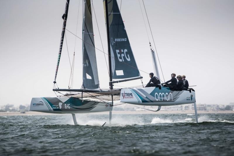 Extreme sailing Series, Oman Air race team in action during training prior to racing photo copyright Lloyd Images taken at Oman Sail and featuring the GC32 class