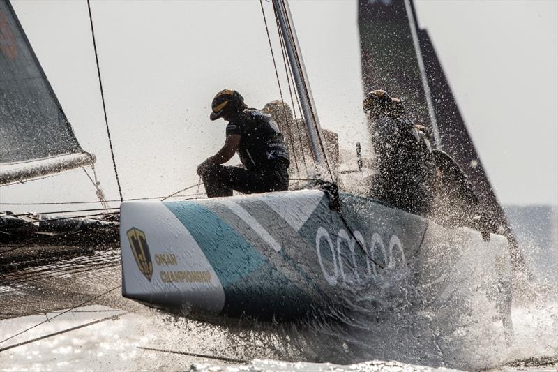 Oman Air is hoping to upgrade a Championship title to a World Championship one in May. - photo © Jesus Renedo / GC32 Championship Oman 2017
