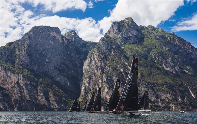 Alinghi leads away from the start line on day 1 of the GC32 World Championship at Garda photo copyright Pedro Martinez / GC32 taken at Fraglia Vela Riva and featuring the GC32 class