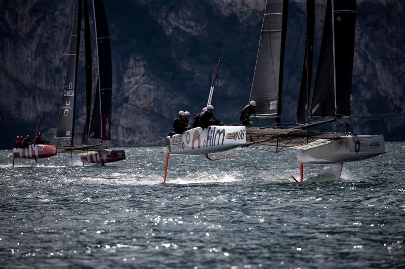 Team Tilt chases .film Racing down the run on day 1 of the GC32 World Championship at Garda photo copyright Pedro Martinez / GC32 taken at Fraglia Vela Riva and featuring the GC32 class