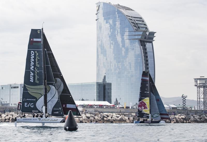 The Extreme Sailing Series 2018. Act 3. The 'Oman Air' race team shown in action close to the shore, skippered by Phill Robertson (NZL) with team mates Pete Greenhalgh (GBR), Stewart Dodson (NZL), James Wierzbowski (AUS) and Nasser Al Mashari photo copyright Lloyd Images taken at  and featuring the GC32 class