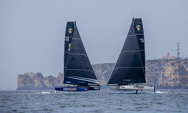 The Franks - Cammas head to head with Simon Hull's Frank Racing - 2018 GC32 Lagos Cup, Portugal - Day 4 photo copyright Jesus Renedo / GC32 Racing Tour taken at  and featuring the GC32 class