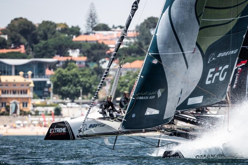 The 'Oman Air' race team shown in action close to the shore, skippered by Phill Robertson (NZL) with team mates Pete Greenhalgh (GBR), Stewart Dodson (NZL), James Wierzbowski (AUS) and Nasser Al Mashari (OMAN) photo copyright Sander van der Borch taken at  and featuring the GC32 class