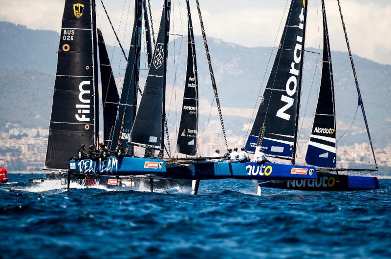 Franck Cammas' NORAUTO leads the charge in practice racing today prior to Copa del Rey MAPFRE photo copyright Sailing Energy / GC32 Racing Tour taken at Real Club Náutico de Palma and featuring the GC32 class