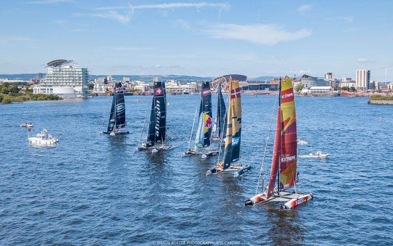 Six GC32 catamarans pre-start, before the foiling kicks off on the waters of Cardiff Harbour in Extreme Sailing Series 2017 photo copyright Shaun Roster taken at  and featuring the GC32 class