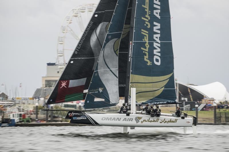 The 'Oman Air' race team shown in action close to the shore - Extreme Sailing Series™ Cardiff 2018 photo copyright Vincent Curutchet / Lloyd Images taken at  and featuring the GC32 class