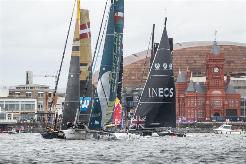 The fleet of race yachts in action during day1 of racing close to the city - Extreme Sailing Series™ Cardiff 2018 photo copyright Vincent Curutchet / Lloyd Images taken at  and featuring the GC32 class