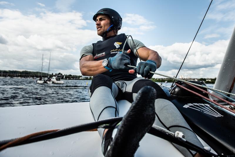 Extreme Sailing Series™ Cardiff 2018 - The 'Oman Air' race team shown in action close to the shore, skippered by Phill Robertson (NZL) - photo © Vincent Curutchet / Lloyd Images