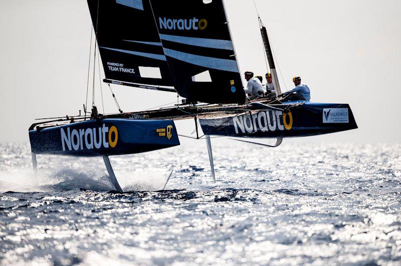 Franck Cammas' NORAUTO powered by Team France leads on countback having won the opening race on day 1 of the GC32 Villasimius Cup photo copyright Sailing Energy / GC32 Racing Tour taken at  and featuring the GC32 class