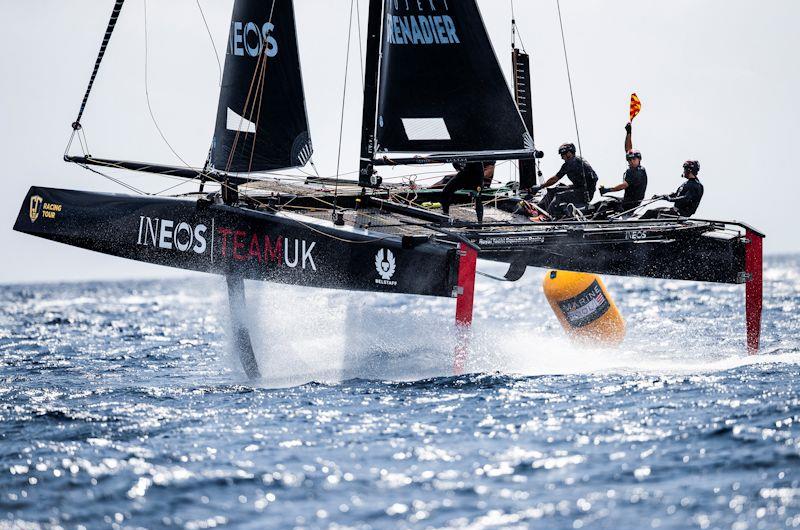 The Ben Ainslie-skippered INEOS Team UK led for most of race one on day 1 of the GC32 Villasimius Cup photo copyright Sailing Energy / GC32 Racing Tour taken at  and featuring the GC32 class