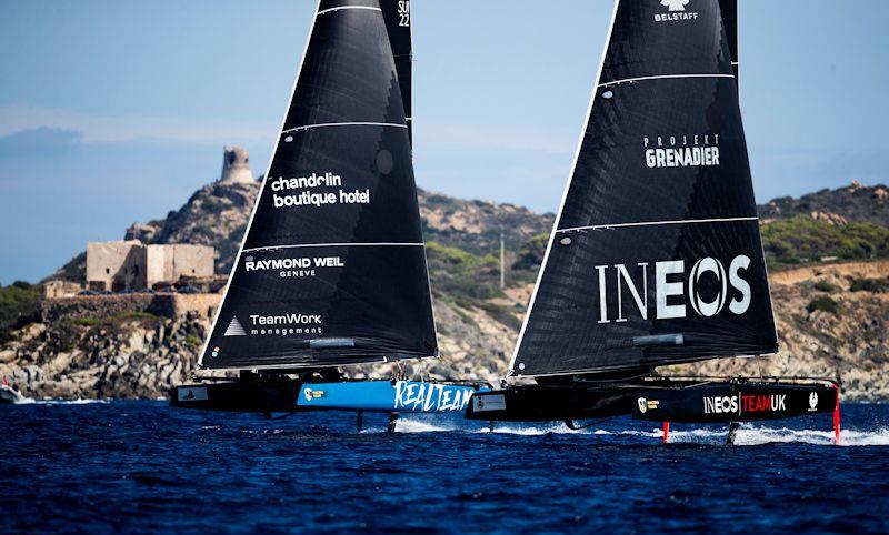 Realteam and INEOS Team UK jockey for position on day 2 of the GC32 Villasimius Cup photo copyright Sailing Energy / GC32 Racing Tour taken at  and featuring the GC32 class