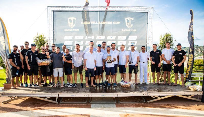 The podium teams at the GC32 Villasimius Cup - NORAUTO, Realteam and INEOS Team UK photo copyright Sailing Energy / GC32 Racing Tour taken at  and featuring the GC32 class