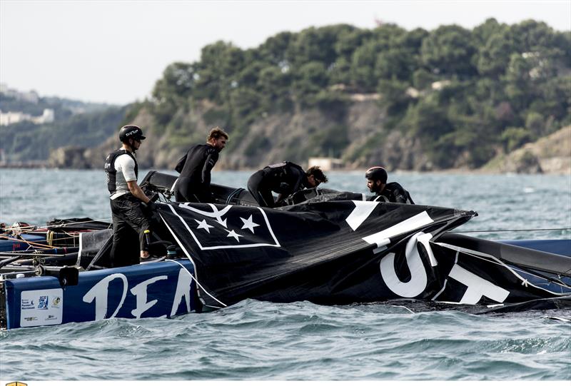 Realteam dismasted while leading today's opening race on day 2 of the GC32 TPM Med Cup photo copyright Sailing Energy / GC32 Racing Tour taken at  and featuring the GC32 class