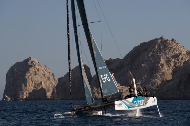 The 'Oman Air' race team shown in action close to the shore, skippered by Phill Robertson (NZL) with team mates Pete Greenhalgh (GBR), Ed Smyth (NZL/AUS), James Wierzbowski (AUS) and Nasser Al Mashari (OMA) - Extreme Sailing Series 2017, Act 8 photo copyright Lloyd Images taken at  and featuring the GC32 class