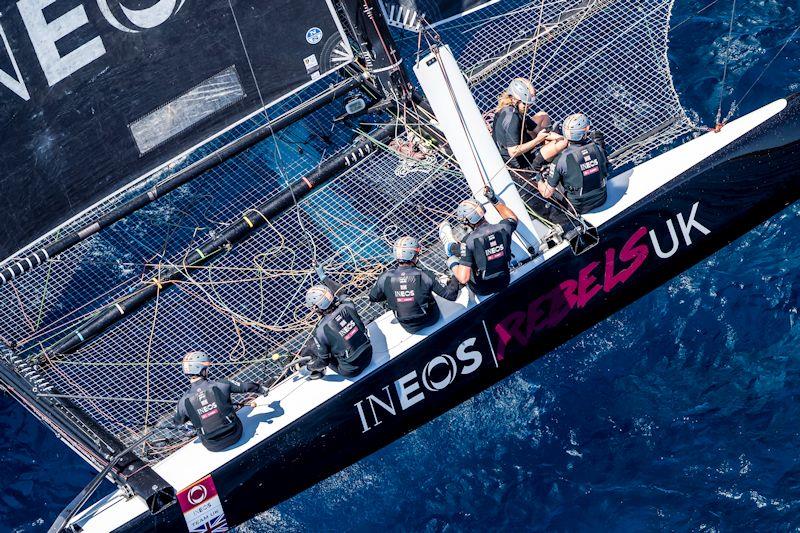 Bird's eye view on board the Ben Ainslie-skippered INEOS Rebels UK, winner of day 1's only race at the GC32 Villasimius Cup photo copyright Sailing Energy / GC32 Racing Tour taken at  and featuring the GC32 class