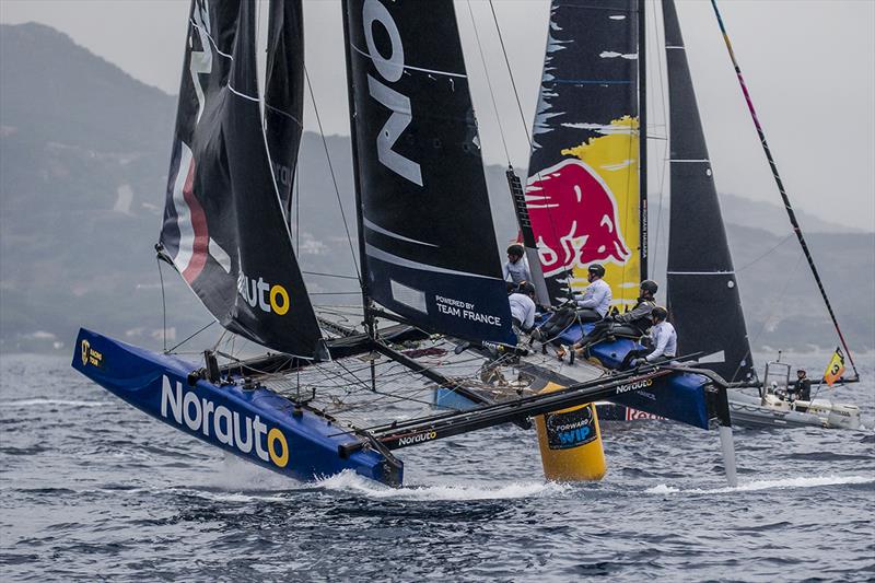 Tricky leeward gate rounding for Franck Cammas and NORAUTO - 2019 GC32 Racing Tour - Villasimius Cup - photo © Sailing Energy / GC32 Racing Tour 