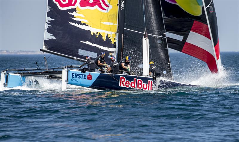 Roman Hagara's Red Bull Sailing Team takes a plunge on day 2 of the GC32 World Championship at Lagos - photo © Jesus Renedo / Sailing Energy / GC32 Racing Tour