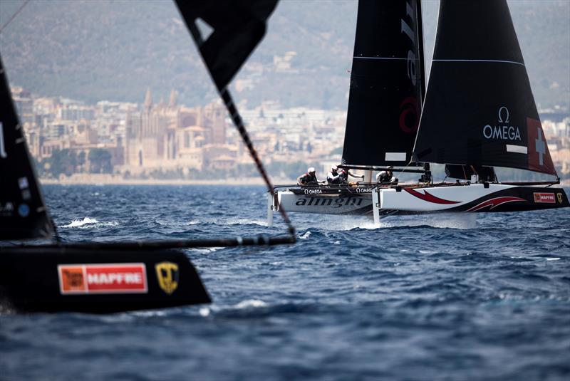 Alinghi claimed today's penultimate race but trails Oman Air by four points at the end of day two. - 38 Copa del Rey MAPFRE - photo © Sailing Energy / GC32 Racing Tour