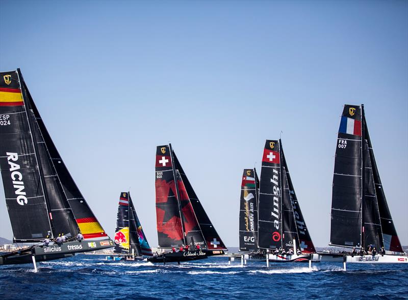 High adrenaline reaching starts on the final day of GC32 competition at Copa del Rey MAPFRE photo copyright Tomas Moya / Sailing Energy / World Sailing / GC32 Racing Tour taken at Real Club Náutico de Palma and featuring the GC32 class