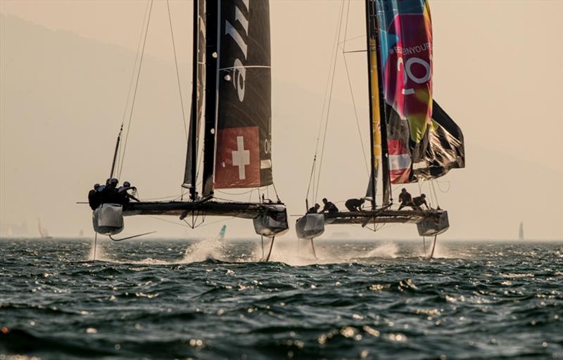 The Arnaud Psarofaghis-steered Alinghi shows Red Bull Sailing Team the way down the run - 2019 GC32 Riva Cup, day 2 photo copyright Sailing Energy / GC32 Racing Tour taken at  and featuring the GC32 class