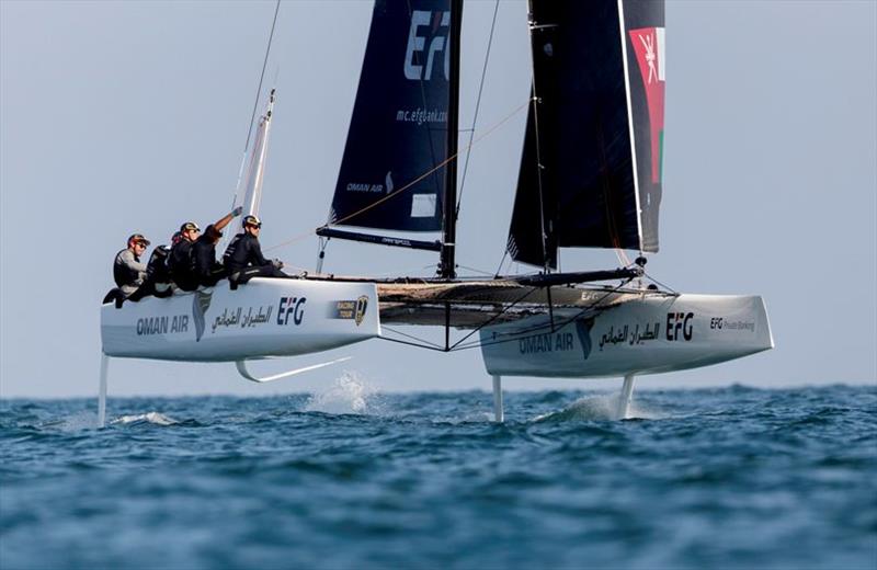 Oman Air has work to do tomorrow - GC32 Oman Cup, Day 1 photo copyright Pedro Martinez / Sailing Energy / GC32 Racing Tour taken at  and featuring the GC32 class