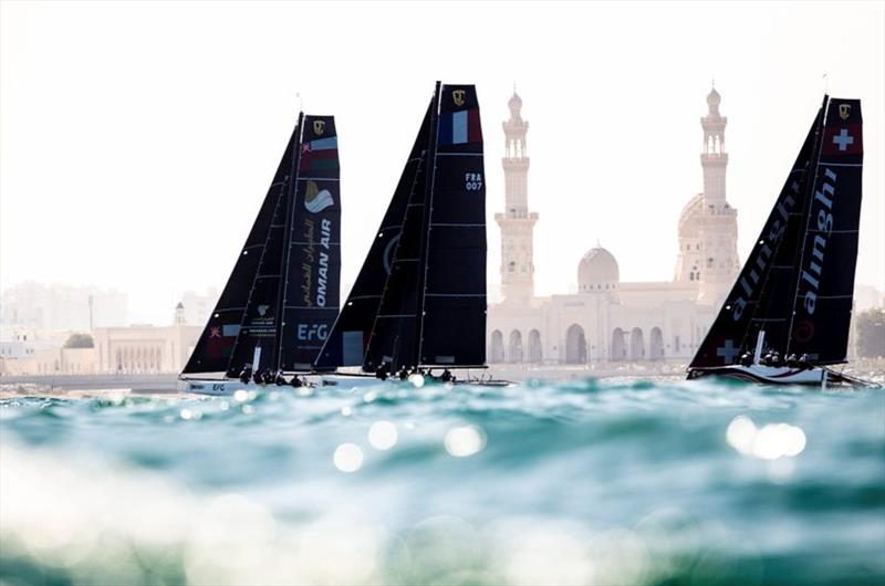 Fleet lines up off the Jamea Sayyida Fatima bint Ali mosque. - 2019 GC32 Oman Cup day 2 - photo © Sailing Energy / GC32 Racing Tour