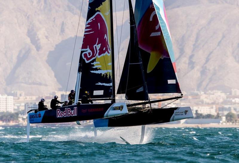 Red Bull Sailing Team was nicely lined up to win today's second race until they were luffed into second by Alinghi. - GC32 Oman Cup day 3 photo copyright Sailing Energy / GC32 Racing Tour taken at  and featuring the GC32 class