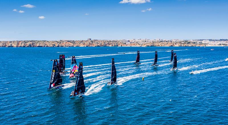 First reaching leg action from the GC32 World Championship in Lagos in 2019 photo copyright Jesus Renedo / Sailing Energy / GC32 Racing Tour taken at  and featuring the GC32 class
