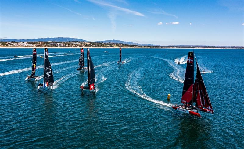 Team Rockwool Racing leads at the first reaching mark. - GC32 Lagos Cup 1 photo copyright Sailing Energy / GC32 Racing Tour taken at  and featuring the GC32 class