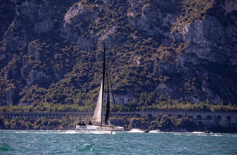 Racing next to Lake Garda's famous Quantum of Solace car chase road - photo © Sailing Energy / GC32 Racing Tour