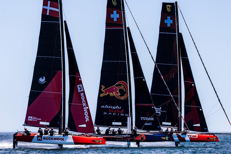 Neck and neck racing between Team Rockwool Racing, Alinghi Red Bull Racing - SUI 15 and Team Tilt on day 3 of the GC32 Racing Tour Lagos Cup - photo © Sailing Energy / GC32 Racing Tour